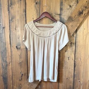 LOFT Women’s Tan Blouse with Embroidered Neckline